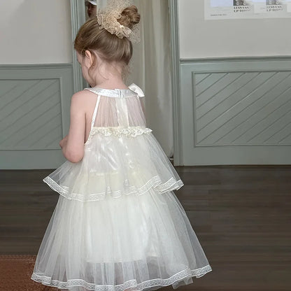 Girls Princess Dress Summer Kids French Sweet Sleeveless Bowknot Tulle Tutu Fluffy Birthday Party Pageant Dresses