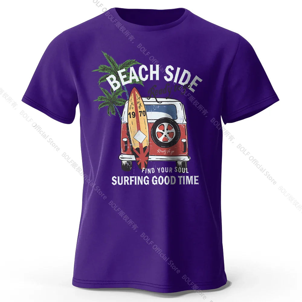Vintage Surf Badge Printed Unisex Men Women T-Shirt Tees Tops 100% Cotton Retro Wave Graphic Beach Club Wear