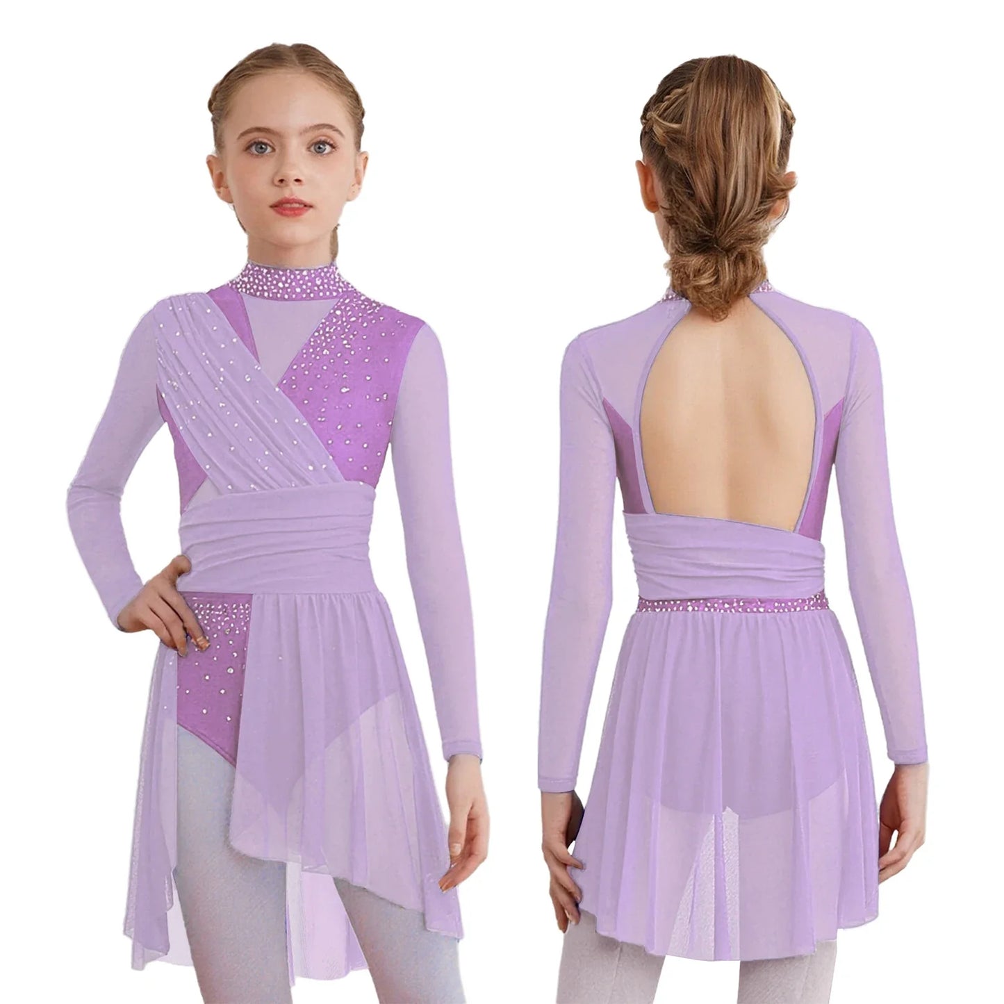 Kids Girls Gymnastics Figure Skating Ballet Lyrical Dance Costume Dress Side Split Sheer Mesh Ruched Glittery Rhinestones Dress