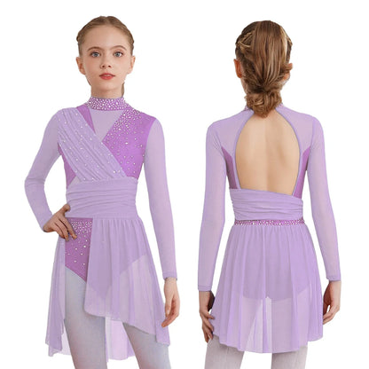Kids Girls Gymnastics Figure Skating Ballet Lyrical Dance Costume Dress Side Split Sheer Mesh Ruched Glittery Rhinestones Dress