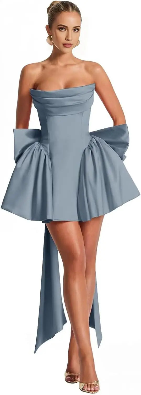 2025 Satin Strapless Back To School Dress with A Large Bow At The Back, Mini Skirt for Teenagers Cocktail Dress Short DanceDress