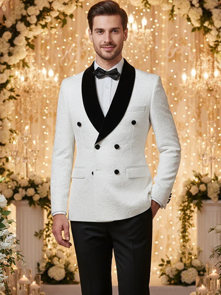 Double-Breasted Groom's Wedding 2 Piece Set White Party Outfit for Man Slim Fit Tasdo Shawl Collar Evening Gown Dinner Suit