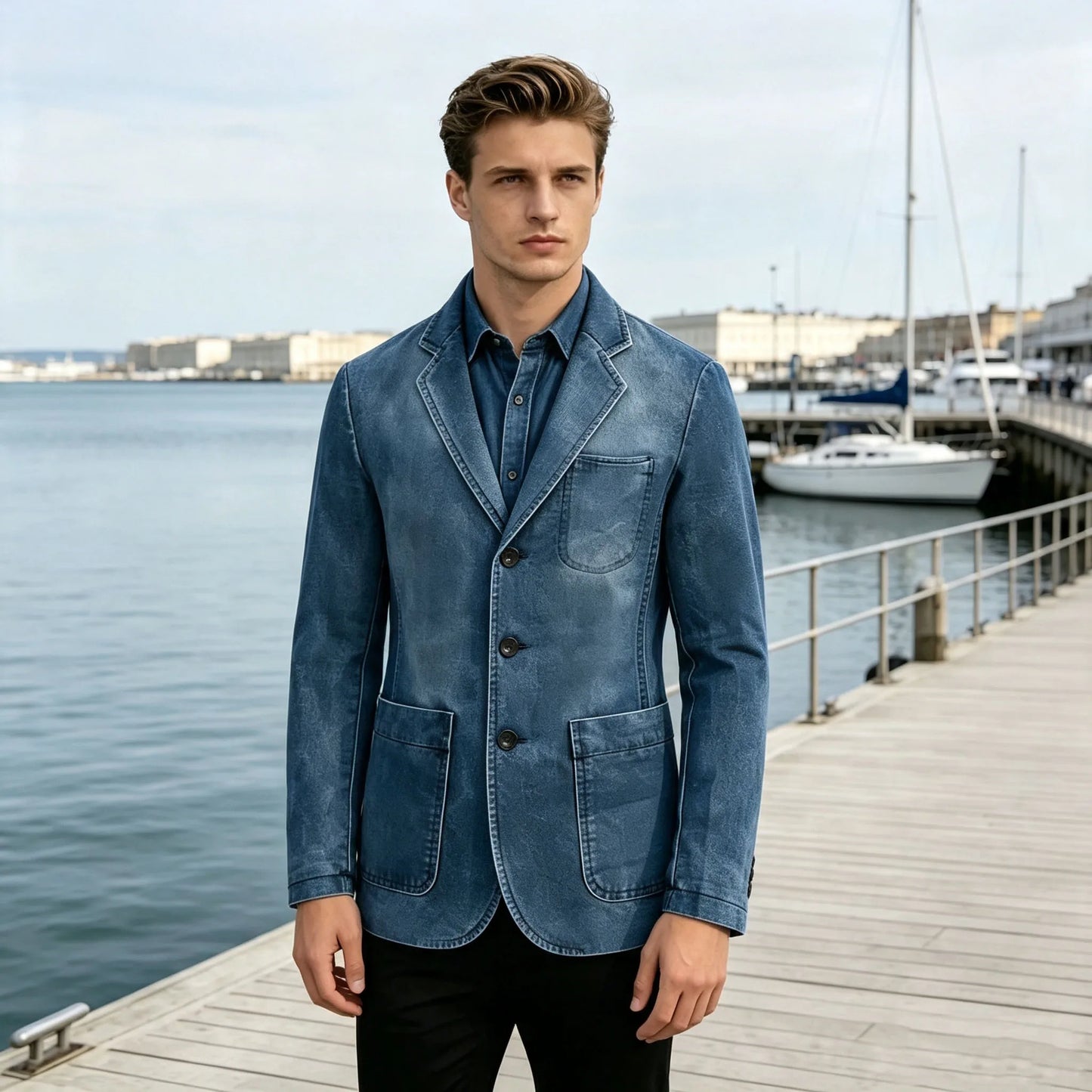 Men‘s Casual Denim Blazer Notch Lapel Jean Jacket Lightweight Stretch Suit Sport Coat with Pockets