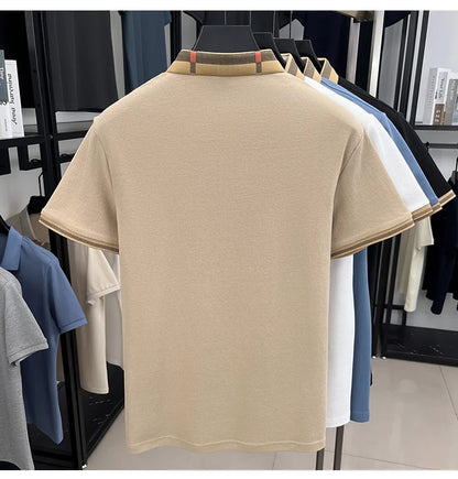 Summer men's light luxury brand letter printed short sleeved T-shirt Polo shirt breathable striped collar business casual top