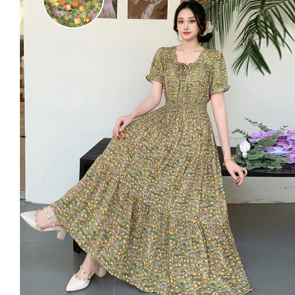 Summer New Cotton Silk Floral Print Maxi Dr ort Sve Beachwear High Waist Young Women's Large Skirt Swing Dr