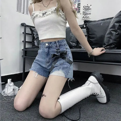 Classic Bow High Waist Short Jean Pants Woman New In Casual Jorts Hot Stretchy To Wear Harajuku Fashion Denim Shorts for Women