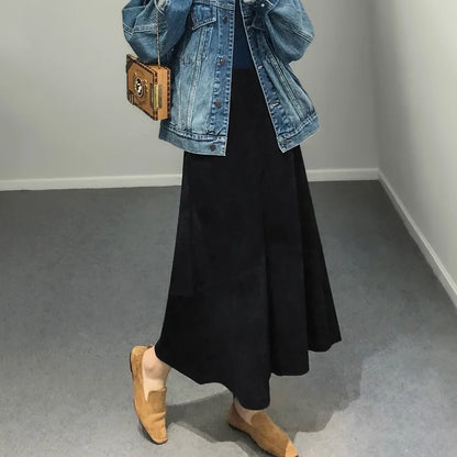 تنورة نسائية من جلد الغزال الأرجواني موضة 2025 لربيع Harajuku بحافة كبيرة طول 85 سم تنانير نسائية أنيقة بوهيمية فستان جلدي 100%
