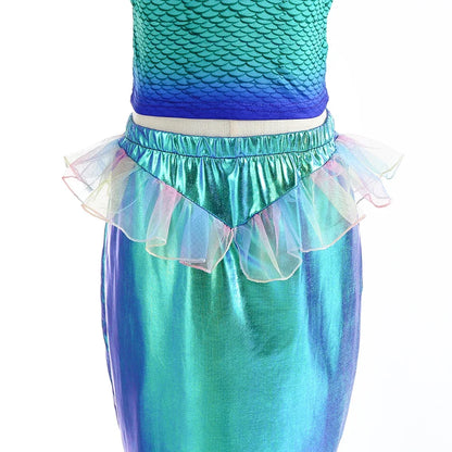 2024 NEW Two Pieces Mermaid Dress up Top and Tail Skirt Girls Off Shoulder Princess Dress Ariel Role Play Kids Halloween Apparel