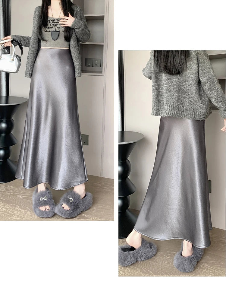 New Autumn Winter Solid Satin Silk Mermaid Skirt Women Fashion High Waist Office Ladies Work Warmth Party Long Maxi Skirt