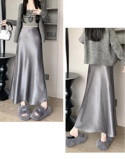 New Autumn Winter Solid Satin Silk Mermaid Skirt Women Fashion High Waist Office Ladies Work Warmth Party Long Maxi Skirt