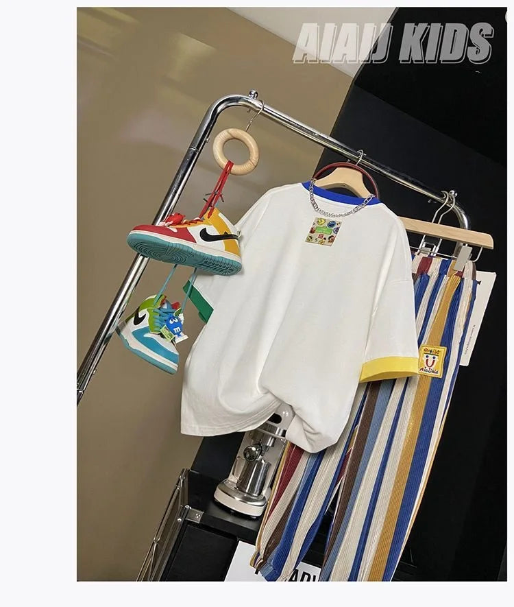 Summer Boys Cotton Contrast Cartoon T-Shirt Tops+Loose Colored Stripes Pant Set School Kids Tracksuit Child 2PCS Outfit 5-16 Yrs