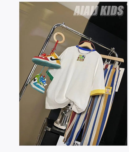 Summer Boys Cotton Contrast Cartoon T-Shirt Tops+Loose Colored Stripes Pant Set School Kids Tracksuit Child 2PCS Outfit 5-16 Yrs