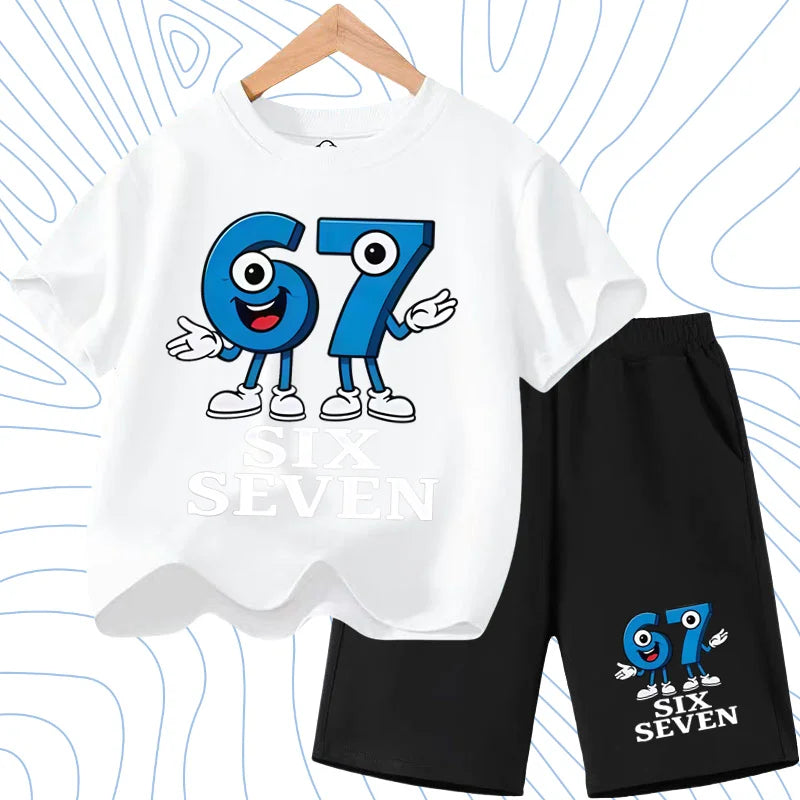 New 67 Number Six Seven Print Kids Cool Summer T-shirt 3-12Yrs Clothes Cartoon Short-sleeved+Shorts Boys Girls Sports Casual Set