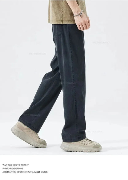 Ultra Thin Baggy Jeans Men's Summer New in Lyocell Soft Breathable Straight Trousers Elastic Waist Casual Blue Gray Wide Pants
