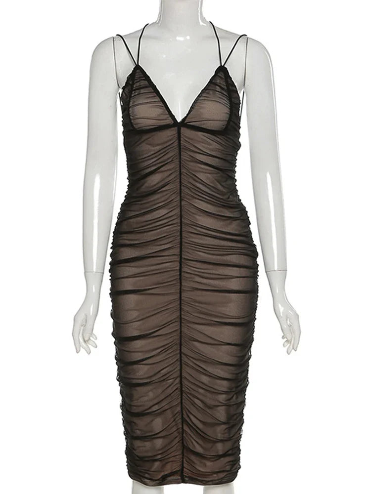 2025 Sexy Mesh Pleated Long Prom Dresses For Women's Clothing Solid Color Beach Party Wear Midi Wrap Dress Street Outfit