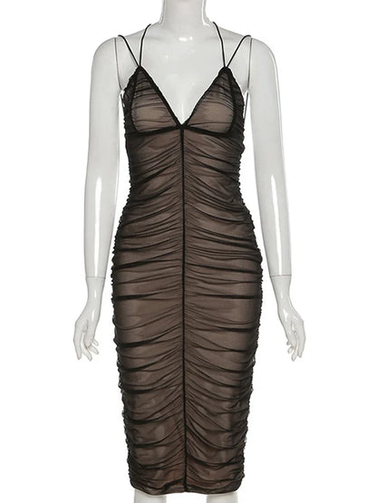 2025 Sexy Mesh Pleated Long Prom Dresses For Women's Clothing Solid Color Beach Party Wear Midi Wrap Dress Street Outfit