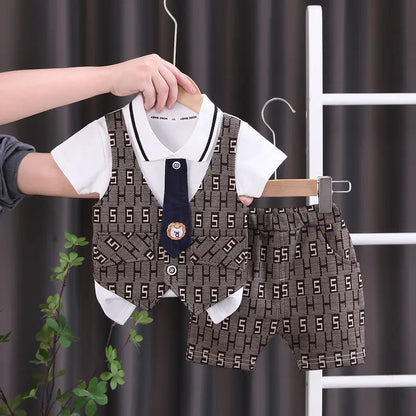 Children Boys Cotton Clothes Outfits Gentleman Tie Patchwork Vest T-Shirt 2pcs/Set Toddler Kids Clothing Sets Suit 0-5 Years