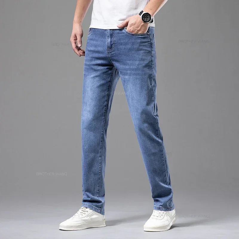 Summer Brand Men's Fit Straight Lightweight Cotton Stretch Jeans Business Casual High Waist Thin Light Grey Jeans mens pants