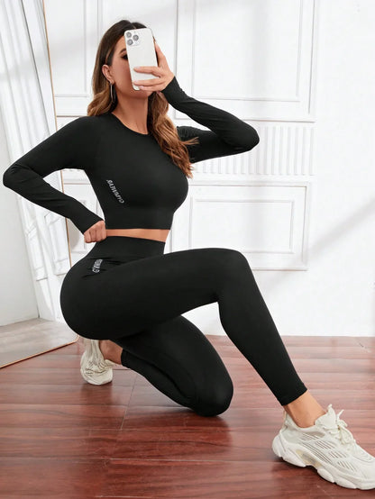 Seamless Workout Sets for Women 2 Piece Leggings Long Sleeves Crop Tops Matching