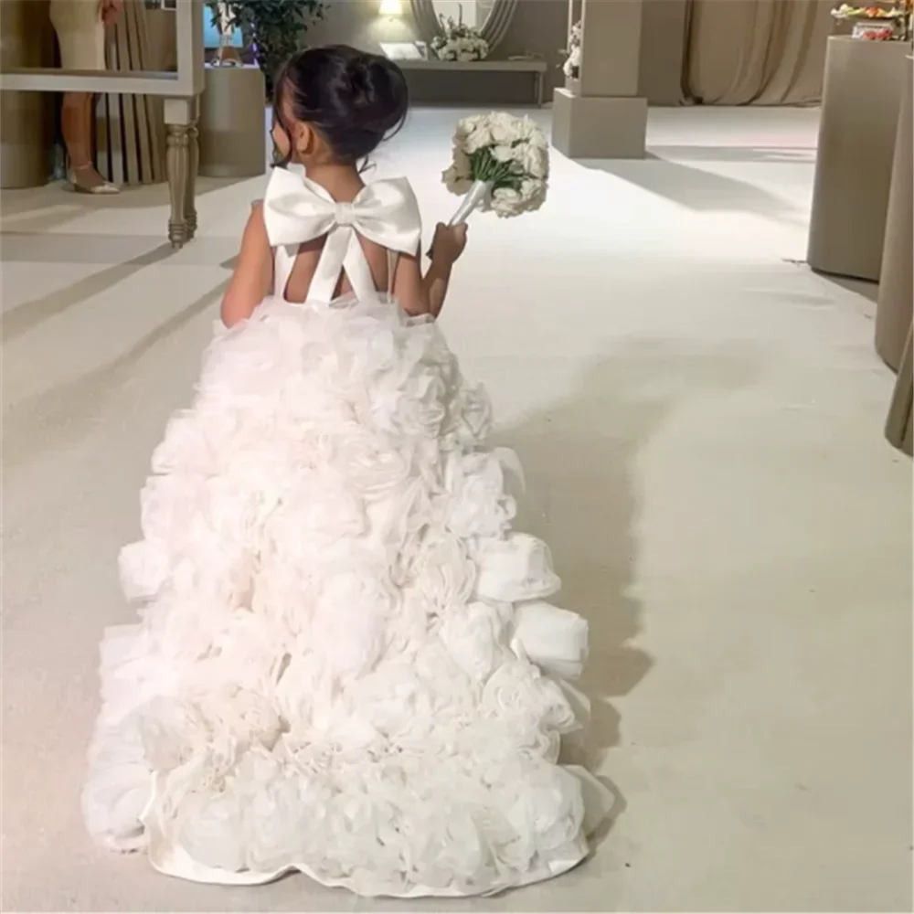 Flower Girl DressesLuxury White Ivory Flower Flower Girl Dresses Pearls Dubai Kids Princess Birthday Wedding Party Children Holi