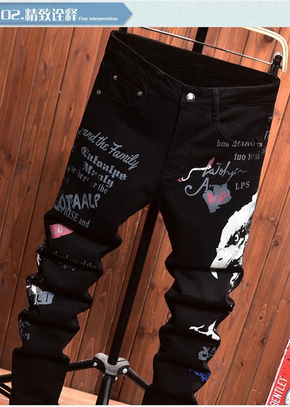 2025 Spring and Autumn New Fashion Trend Printed Black Straight Leg Jeans Men's Casual Comfort Breathable High Quality Pants