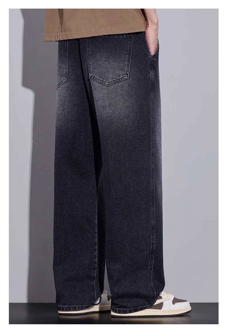 Men's Clothing Wide-leg Pants Baggy Jeans Streetwear Straight Fashion Denim Trousers Y2k Vintage Washed Elastic Waist Man Pants
