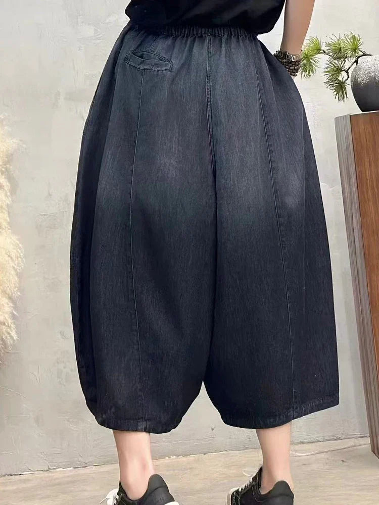 Women Summer Fashion Big Size Denim Pants 2025 Females Vintage Classic Loose Harem Trousers Elastic Waist Casual Jeans