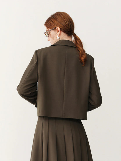 2026 Fall Women's Korean-Inspired Petite Cropped Camel Acetate Lyocell Blend Blazer - Chic Office Commute Outerwear