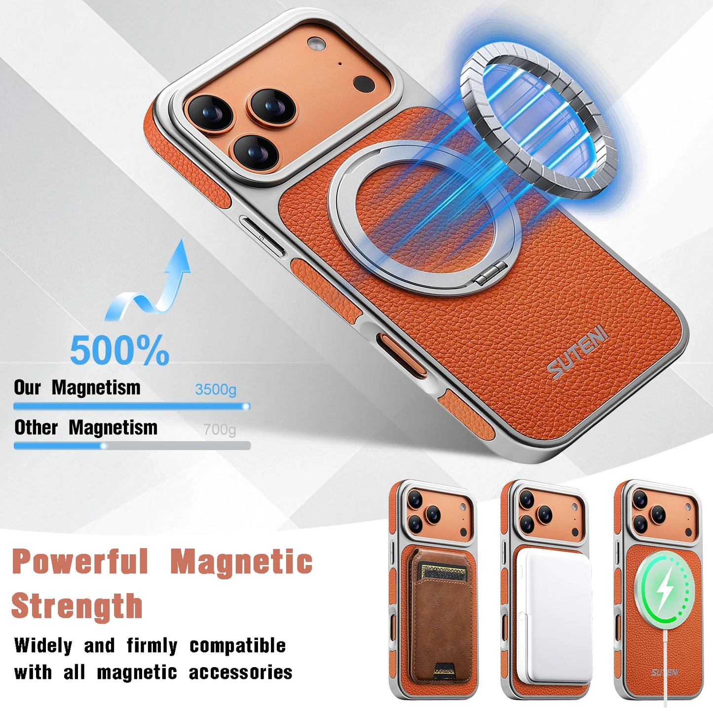 Faux Leather Magnet Wireless Charging Phone Case 360° Rotating Stand Ring Buckle Frosted Feel For iPhone 17 Pro Max 16 15