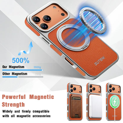 Faux Leather Magnet Wireless Charging Phone Case 360° Rotating Stand Ring Buckle Frosted Feel For iPhone 17 Pro Max 16 15