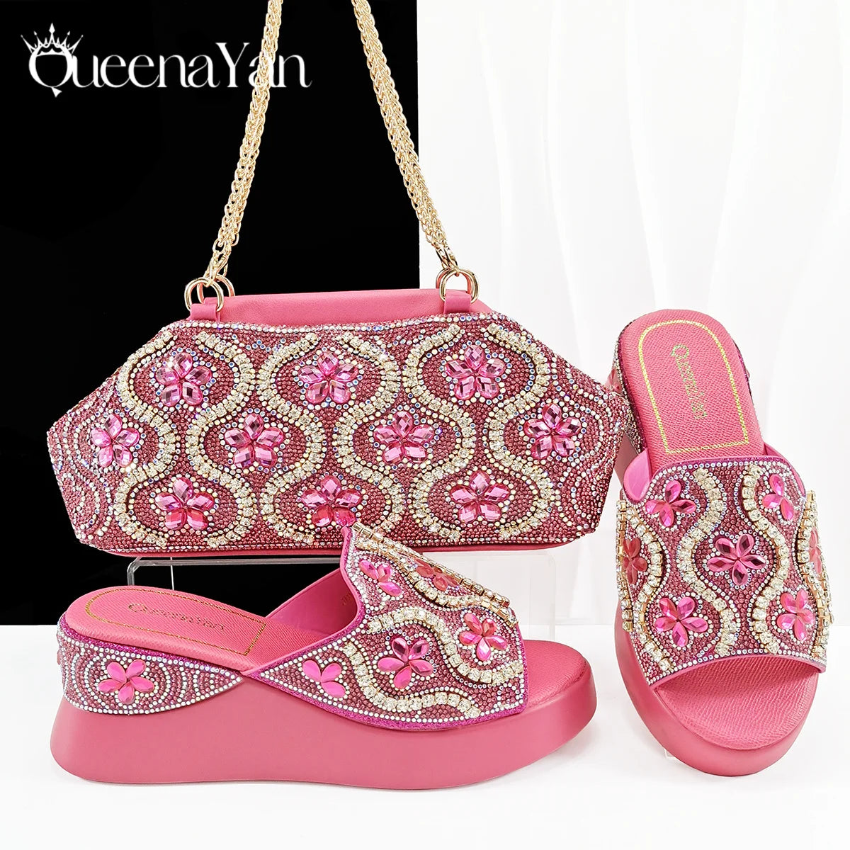 New Arrival Mature Style Platform Design Rhinestone Decoration Peep Toe Lady Shoes and Bag Set for Party Wedding