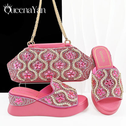 New Arrival Mature Style Platform Design Rhinestone Decoration Peep Toe Lady Shoes and Bag Set for Party Wedding
