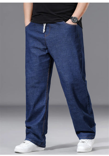 8XL Plus Size Jeans Men Solid Color Denim Pants Male Fashion Casual Baggy Jeans Elastic Waist Straight Pants