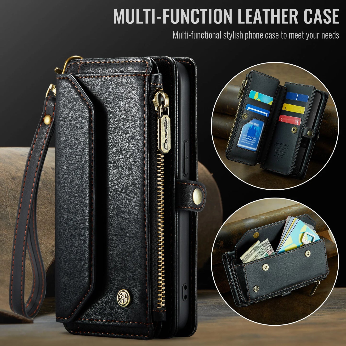 Case for iPhone 17 16e 16 15 14 13 12 11 Pro Max Leather Strap Zipper Card Holder Phone Wallet  Case