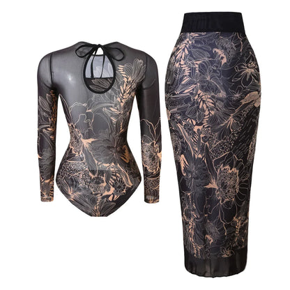 S - XXL Printed Long Sleeve With Sarong One Piece Swimsuit Women Swimwear Female Flowers Padded Bather Bathing Suit Swim V7181