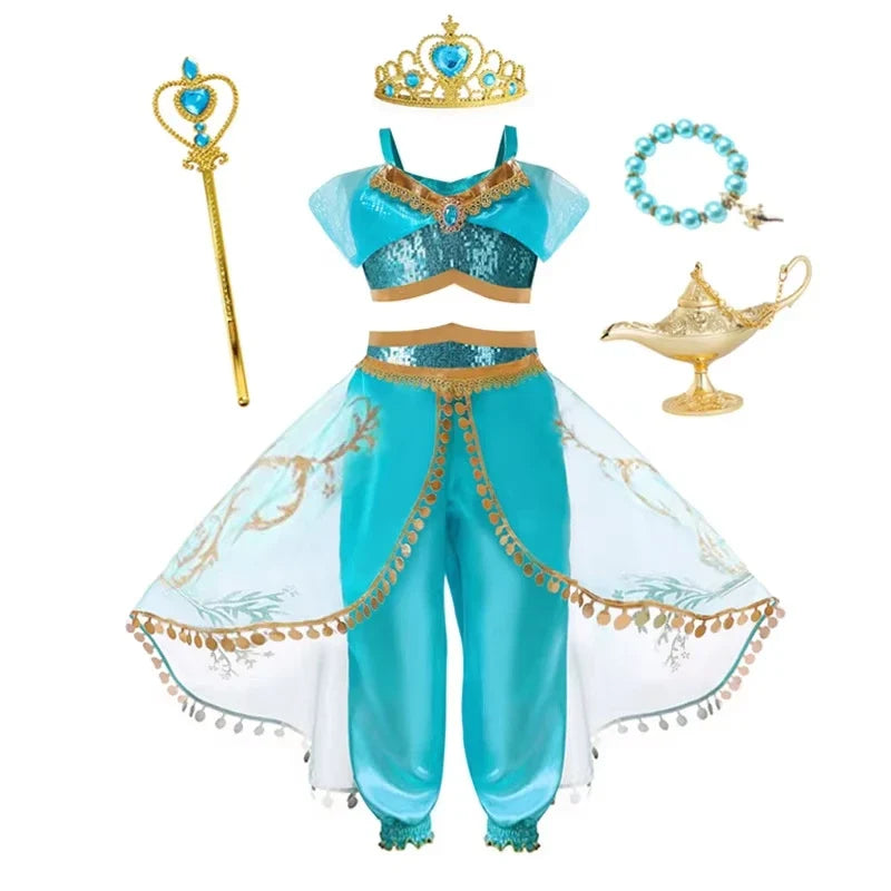 Jasmine Princess Dress for Girls Cosplay Aladdin Magic Lamp Costume Outfit Girls Halloween Kids Birthday Carnival Dance Vestidos