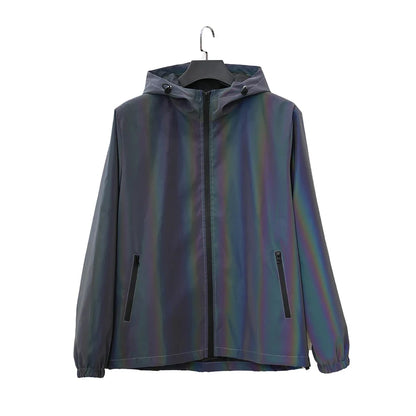 Men Reflective Jacket Gradient Colorful Hip-hop Streetwear Night Outdoor Hooded Windproof Coats Fashion Dance Skateboard Clothes