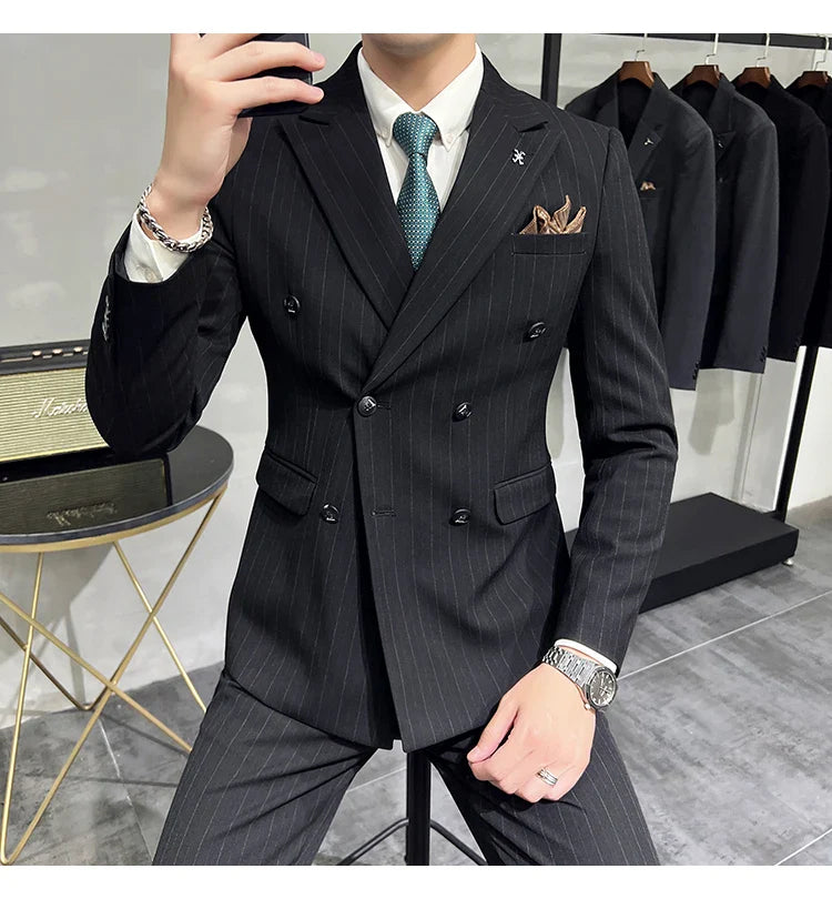 2025 High-quality Korean Version Slim-fit Business (Suit + Vest + Trousers) Striped Double-breasted Suit Three-piece Set