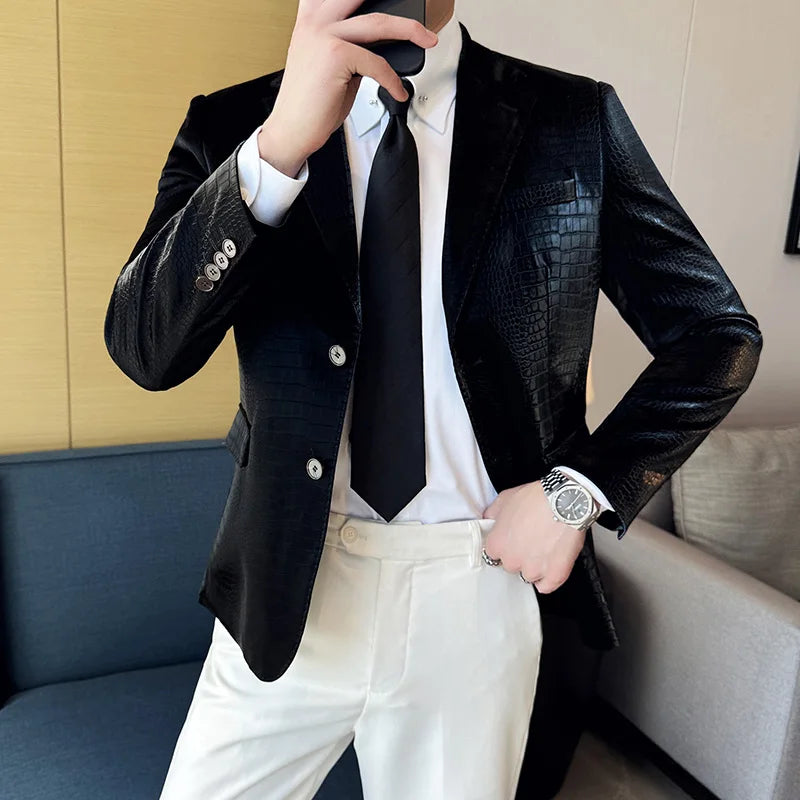 New High Quality Crocodile Stripe Slim Fit Leather Jacket Classic Business Casual Slim Fit Men Blazer Tuxedos Men Clothing 4XL-M