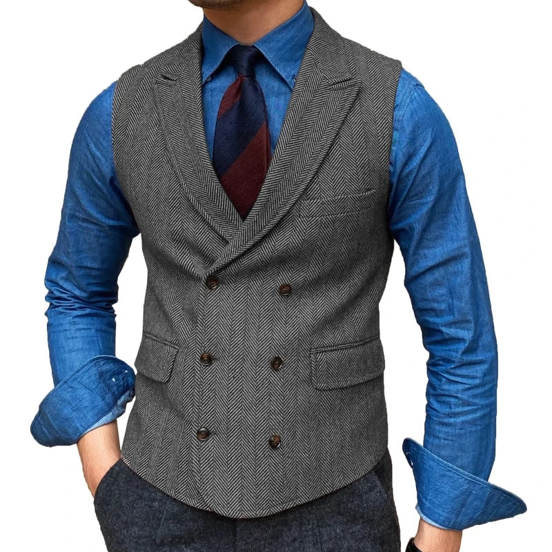 Men Vest Brown Herringbone With Lapel Waistcoat Vintage Regular Slim Business Banquet Business Casual Men Suit Vest