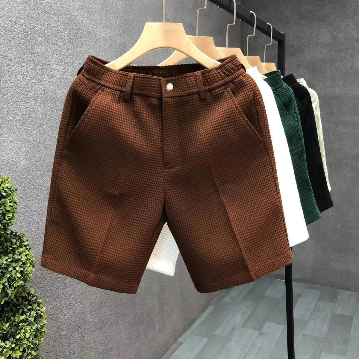 Men's Shorts Plaid Texture Solid Straight-leg Business Social Elastic Waist Button Short Pants Loose Knee Length Casual Short