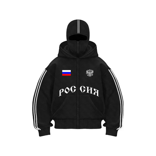 Russia Hot Sale Vintage Double Zip Hoodies Y2K Clothes Men Hip Hop Lettering Graphic Oversized Hoodies Sweatshirts Casual Jacket