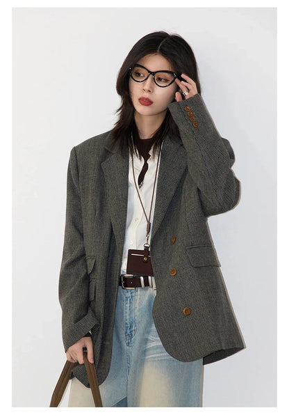 Women's Woolen Blazer Loose Retro Single Breasted Female Jacket Mid Length Plaid Coat for Woman Autumn Winter 2024