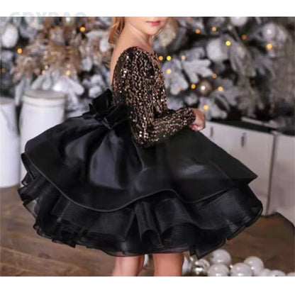 Gold Sequin Black Flower Girl Dress Long Sleeves Backless Scoop Neck Ruffles Tiered Girl's Party Gown Christmas Pageant Dresses