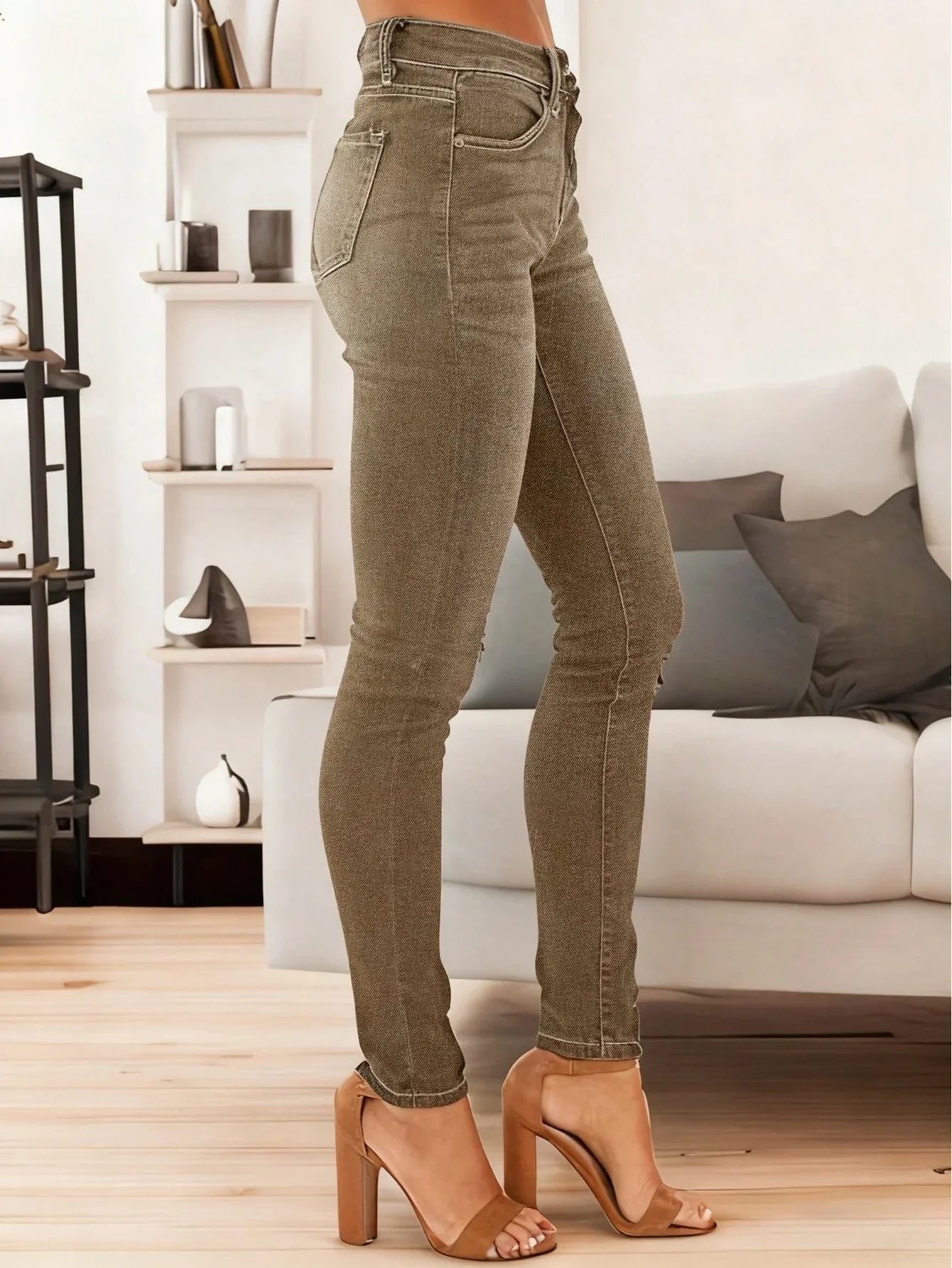 Women's Fashionable Elegant Casual Versatile Washed Cat's Whisker Pattern Skinny Fit Denim Jeans for Daily Wear