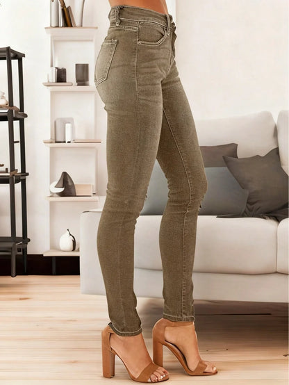 Women's Fashionable Elegant Casual Versatile Washed Cat's Whisker Pattern Skinny Fit Denim Jeans for Daily Wear