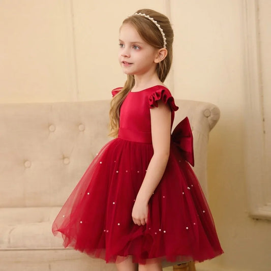 Fashion Red Pink Children's Bow Princess Dress‌ Big Bow Backless Girls Puffy Dress Tulle Flower Girl Dress Wedding Gown