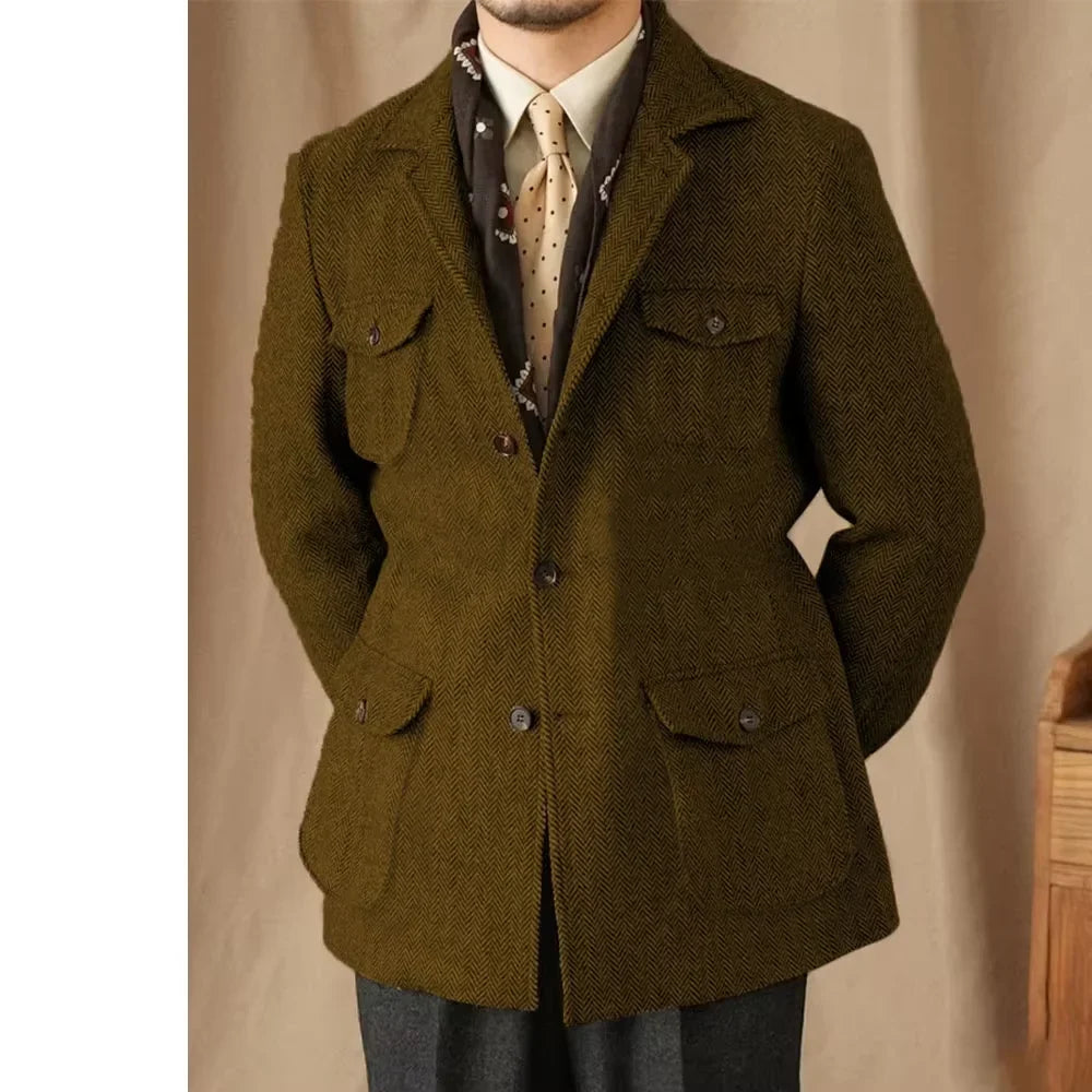 Hunting Multi-pocket Suit Jacket British Men's Retro Sport Coat With Belt Herringbone Business Causal Lapel Suit Blazers Tuxedos