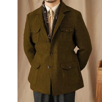 Hunting Multi-pocket Suit Jacket British Men's Retro Sport Coat With Belt Herringbone Business Causal Lapel Suit Blazers Tuxedos