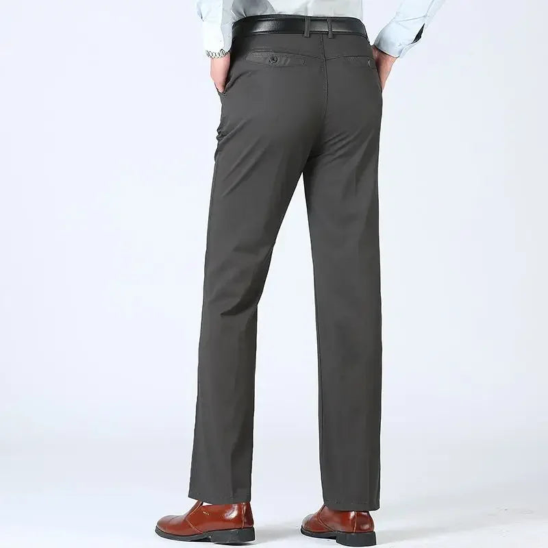 Summer Thin Pants 100% Cotton Men's Autumn Thick Suit Pant Slacks High Waist Straight Loose Bland Solid Business Casual Pants